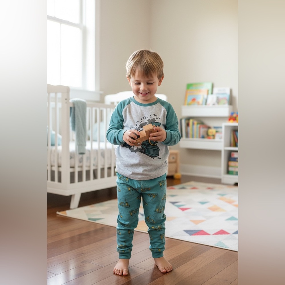 Kids Train Pajamas Set - Teal and Gray